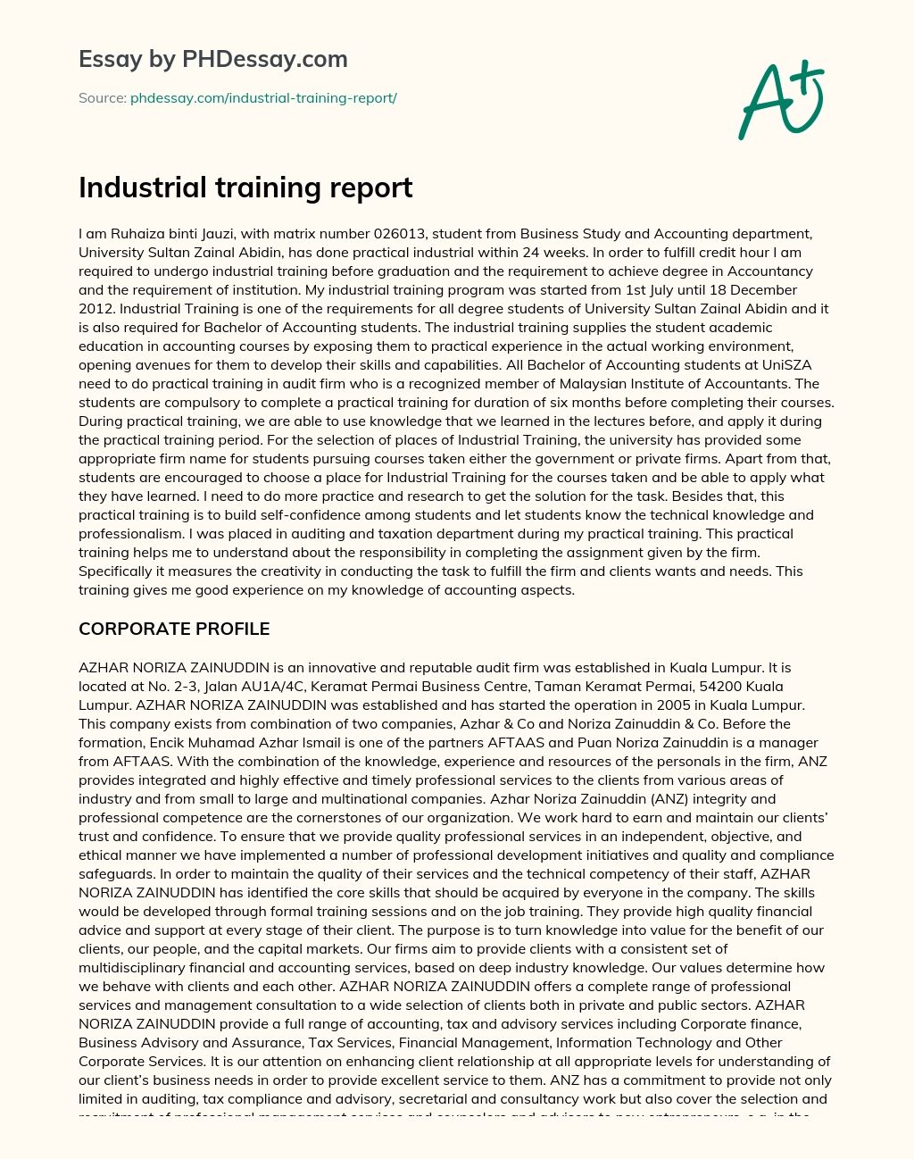 Industrial training report essay