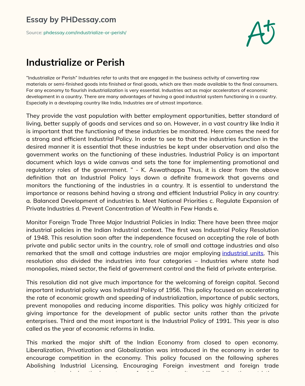 Industrialize or Perish essay