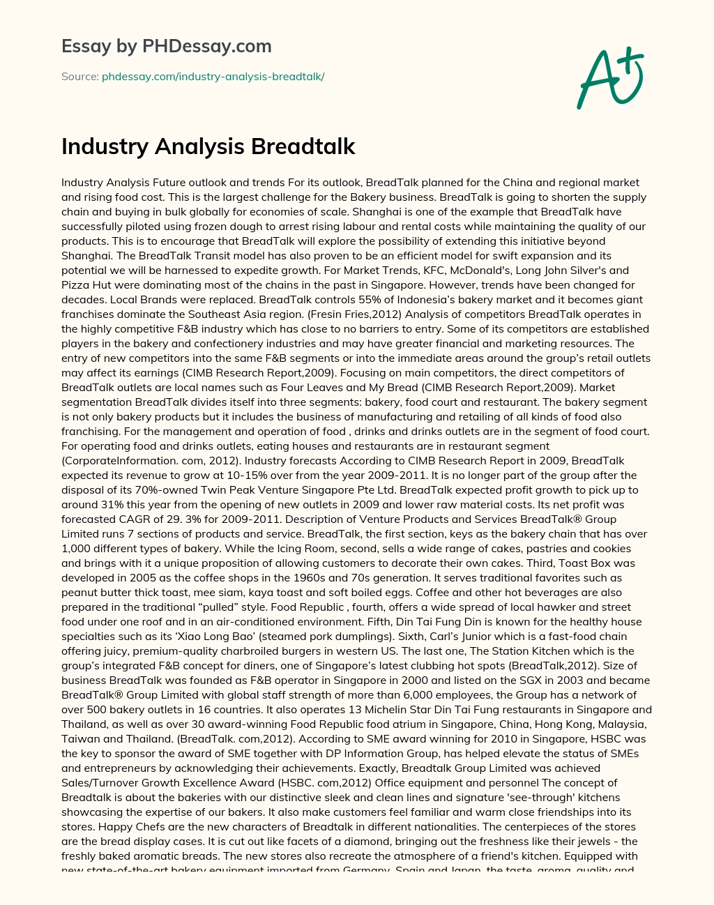 Industry Analysis Breadtalk essay