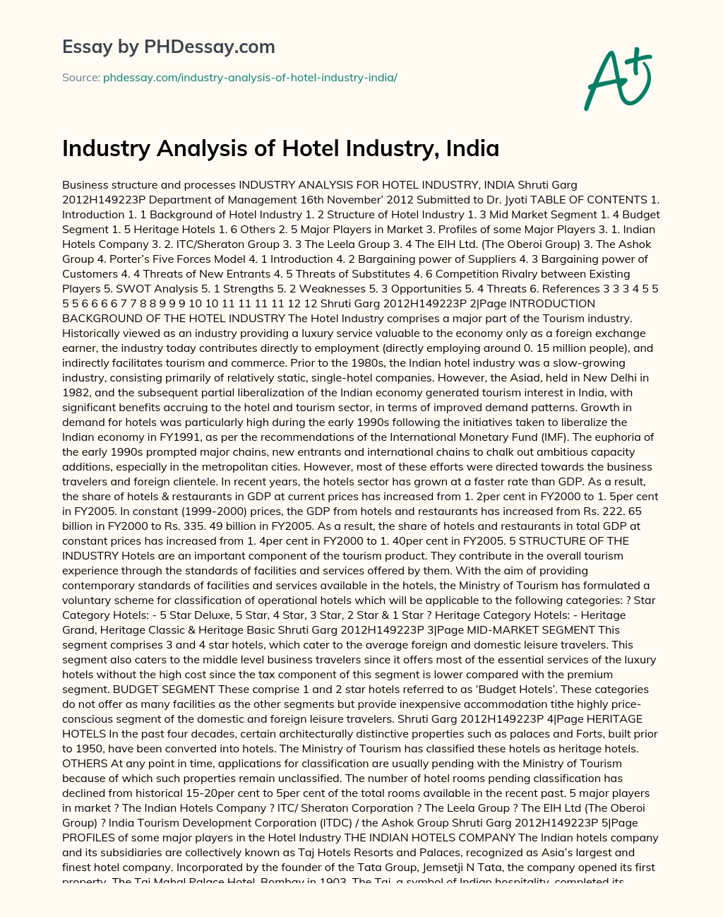 Industry Analysis of Hotel Industry, India essay