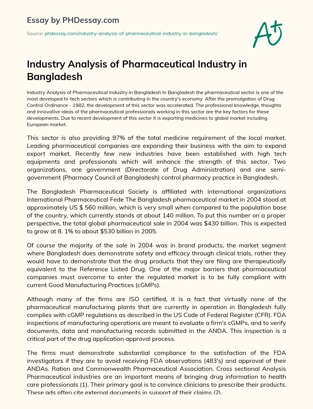 Industry Analysis of Pharmaceutical Industry in Bangladesh essay