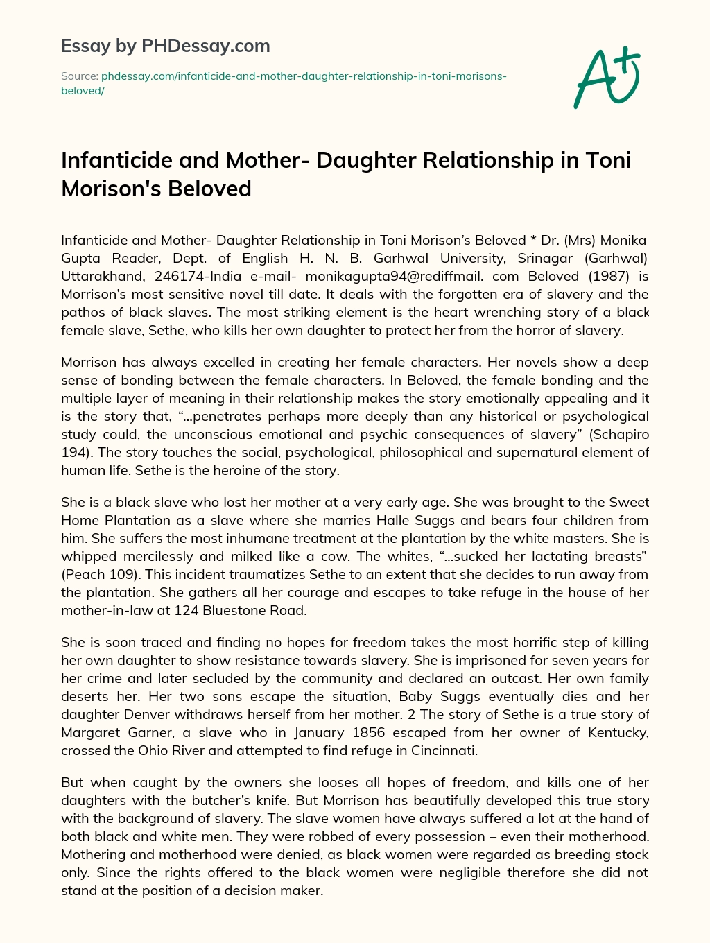 Infanticide and Mother- Daughter Relationship in Toni Morison’s Beloved essay