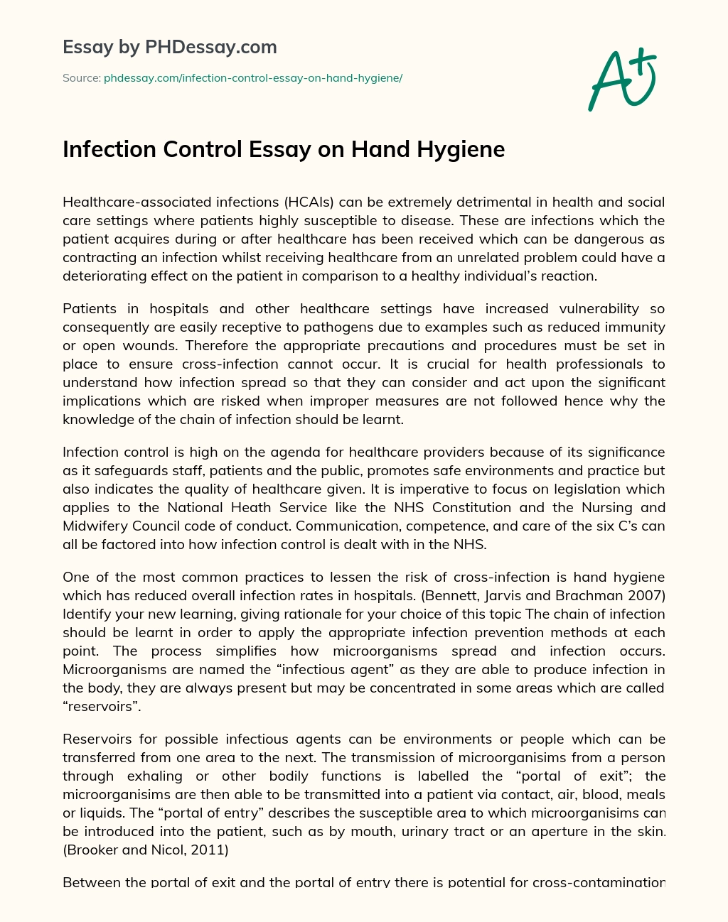 Infection Control Essay on Hand Hygiene essay