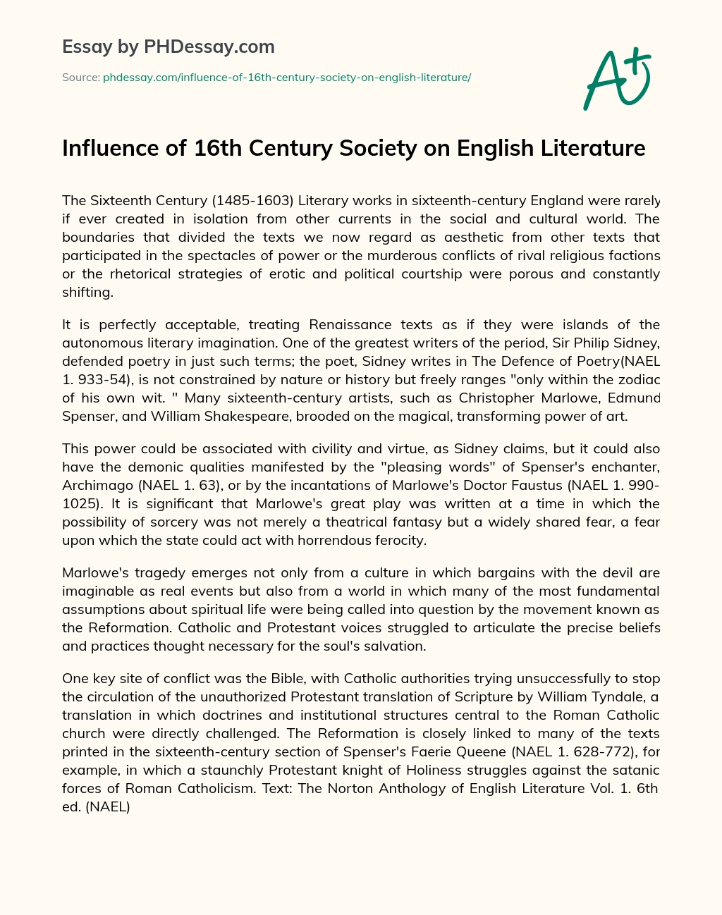 Influence of 16th Century Society on English Literature essay