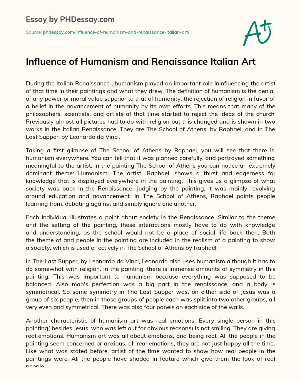 Influence of Humanism and Renaissance Italian Art essay