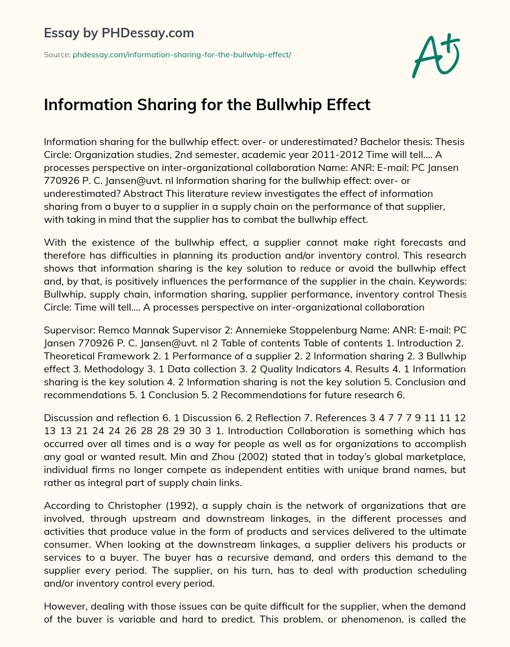 Information Sharing for the Bullwhip Effect essay