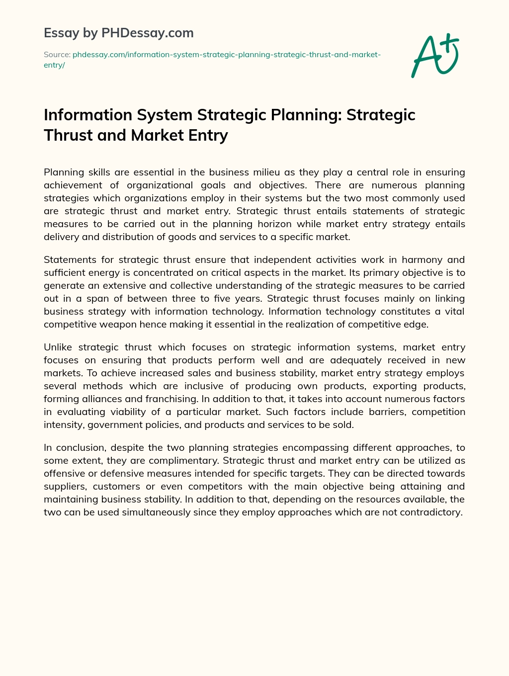 Information System Strategic Planning: Strategic Thrust and Market Entry essay