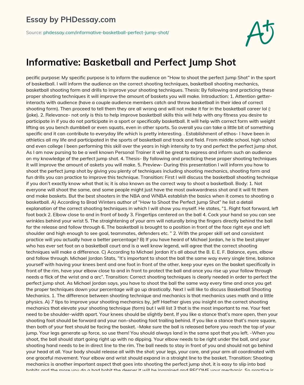 Informative: Basketball and Perfect Jump Shot essay