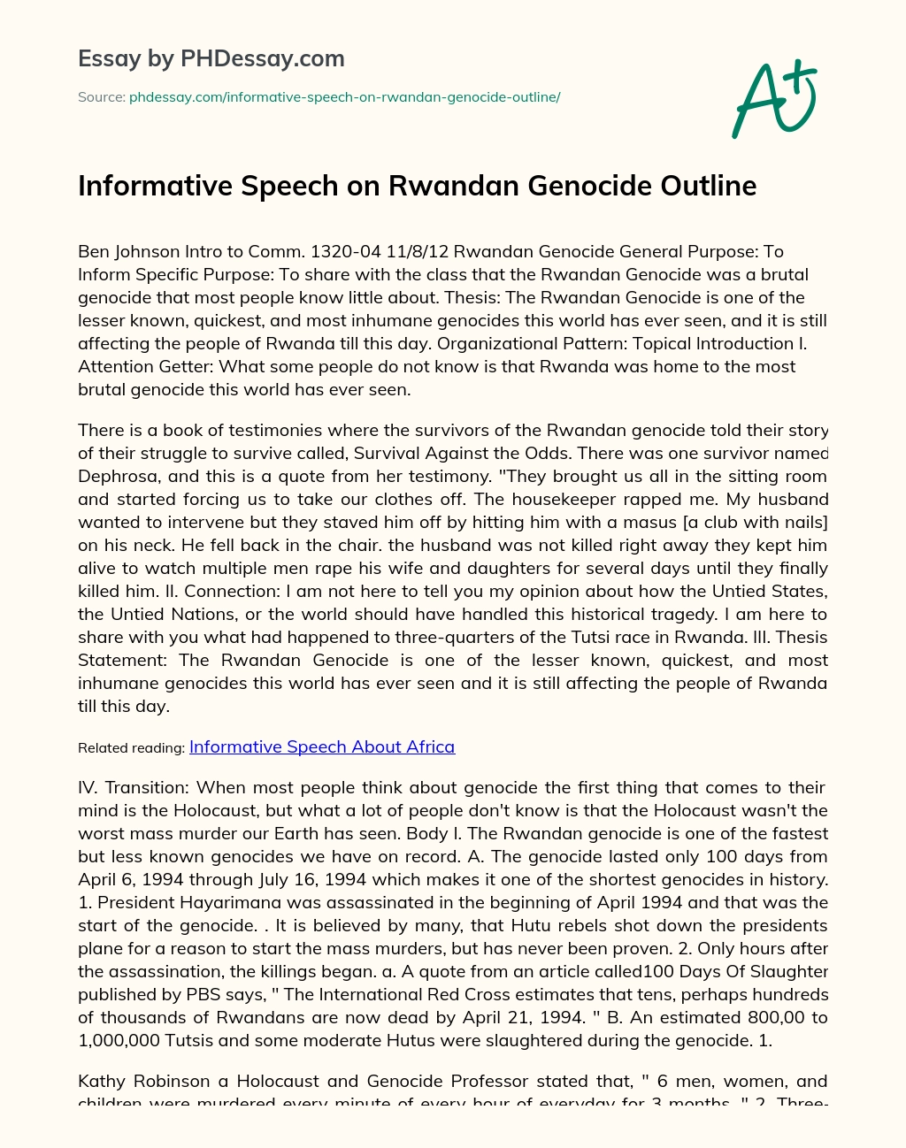 Informative Speech on Rwandan Genocide Outline essay