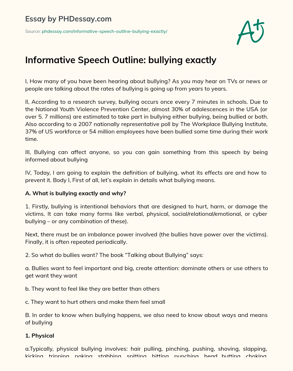 Informative Speech Outline: bullying exactly essay