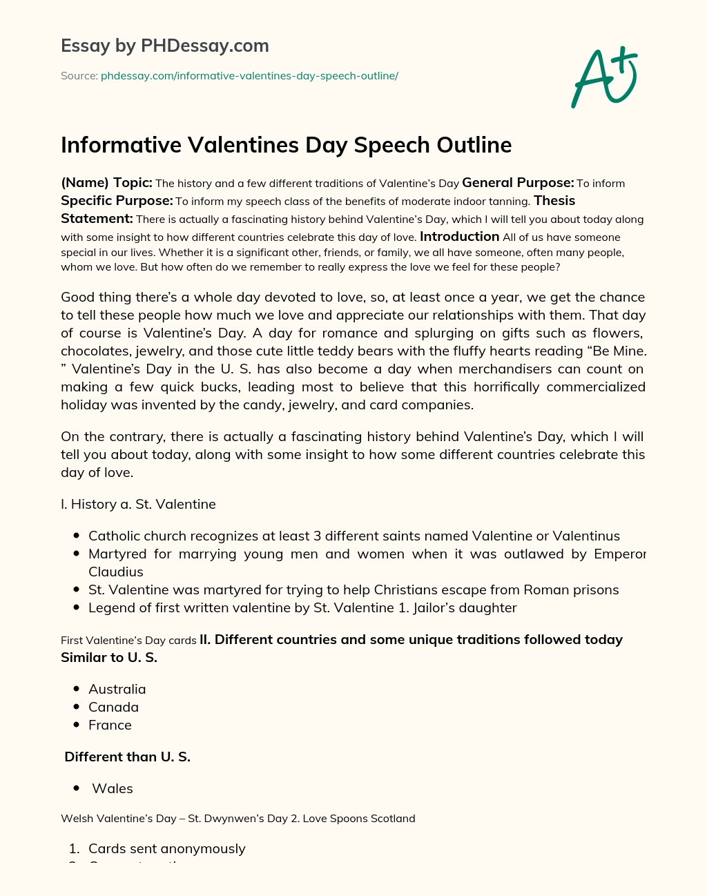 Informative Valentines Day Speech Outline essay