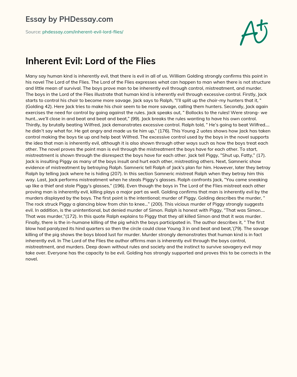 Inherent Evil: Lord of the Flies essay