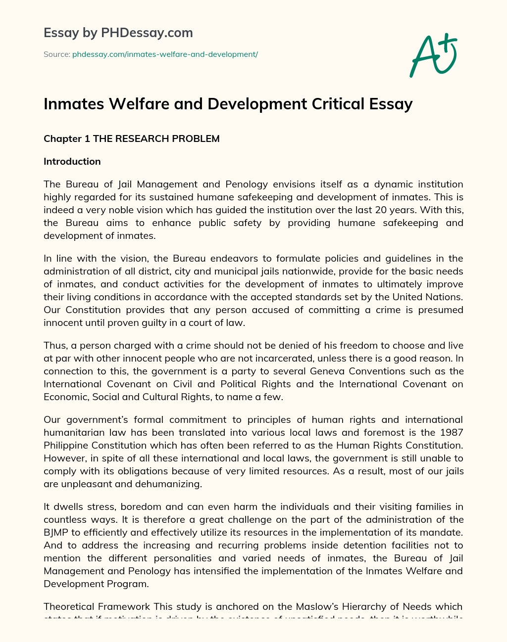 Inmates Welfare and Development Critical Essay essay