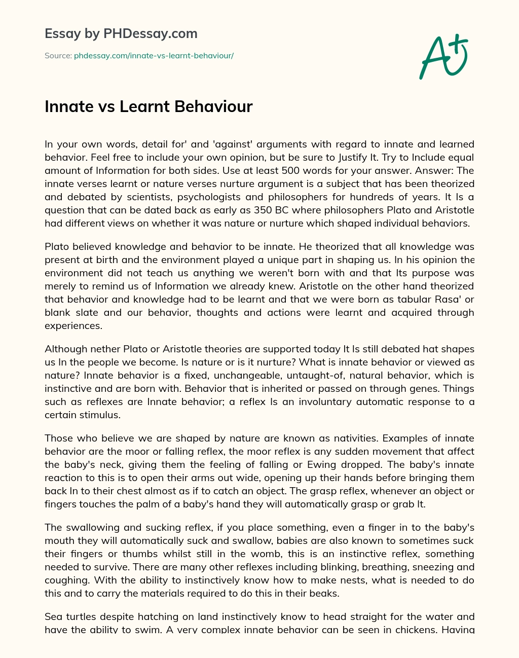 Innate vs Learnt Behaviour essay