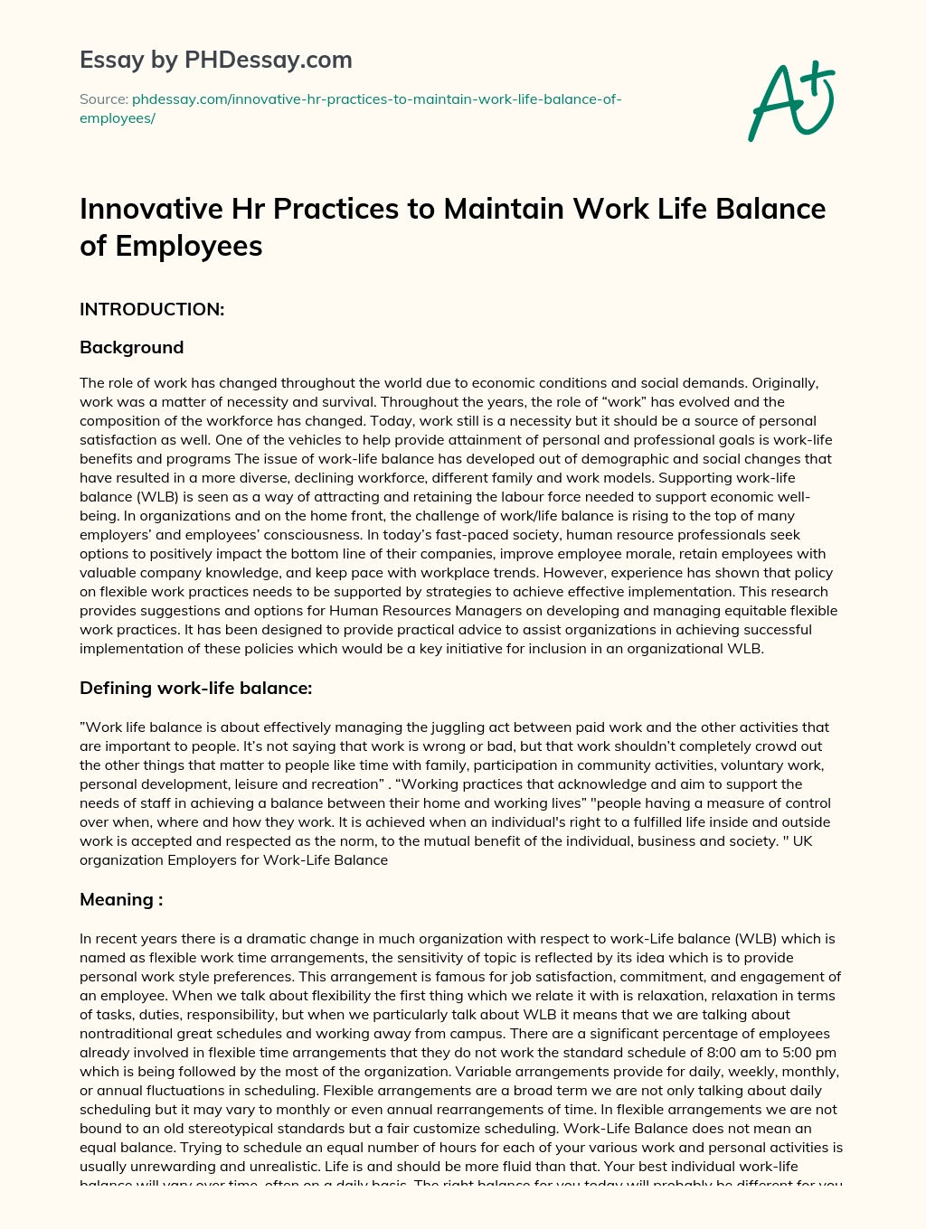 Innovative Hr Practices to Maintain Work Life Balance of Employees essay