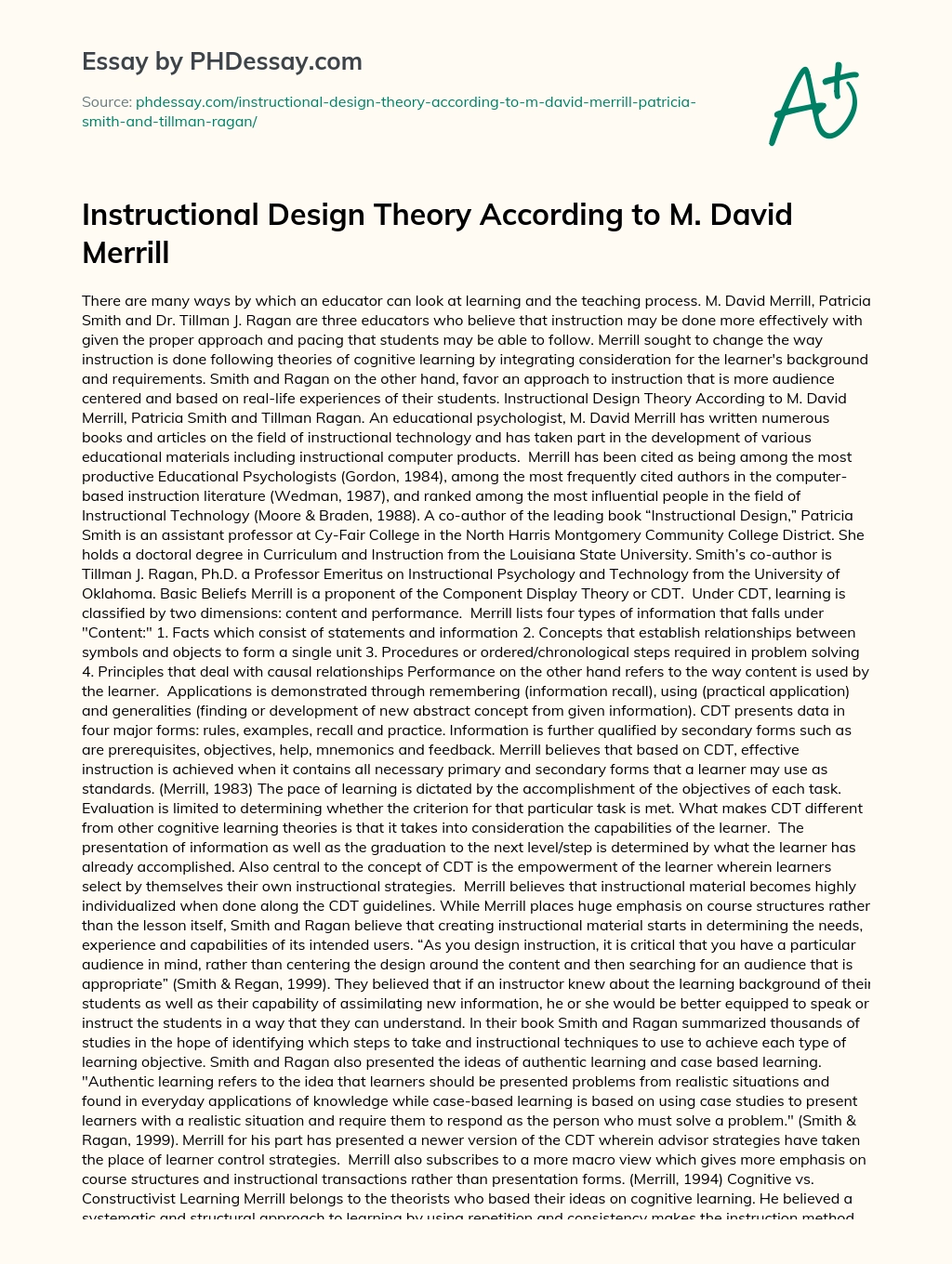 Instructional Design Theory According to M. David Merrill essay