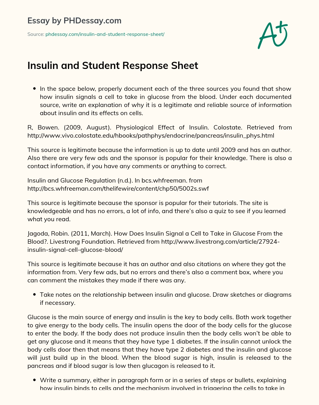 Insulin and Student Response Sheet essay