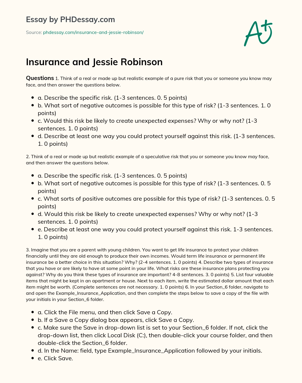 Insurance and Jessie Robinson essay