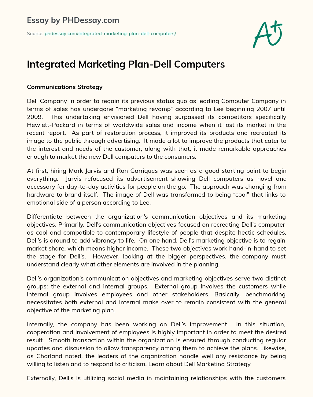 Integrated Marketing Plan-Dell Computers essay