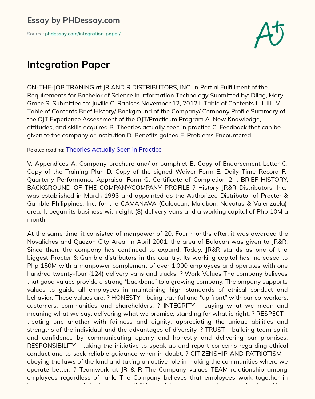 Integration Paper: On-The-Job Traning essay