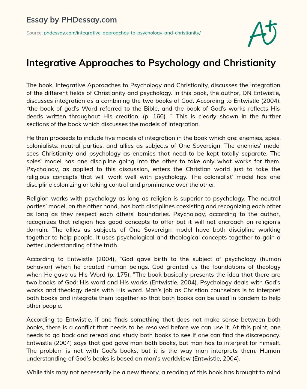 Integrative Approaches to Psychology and Christianity essay