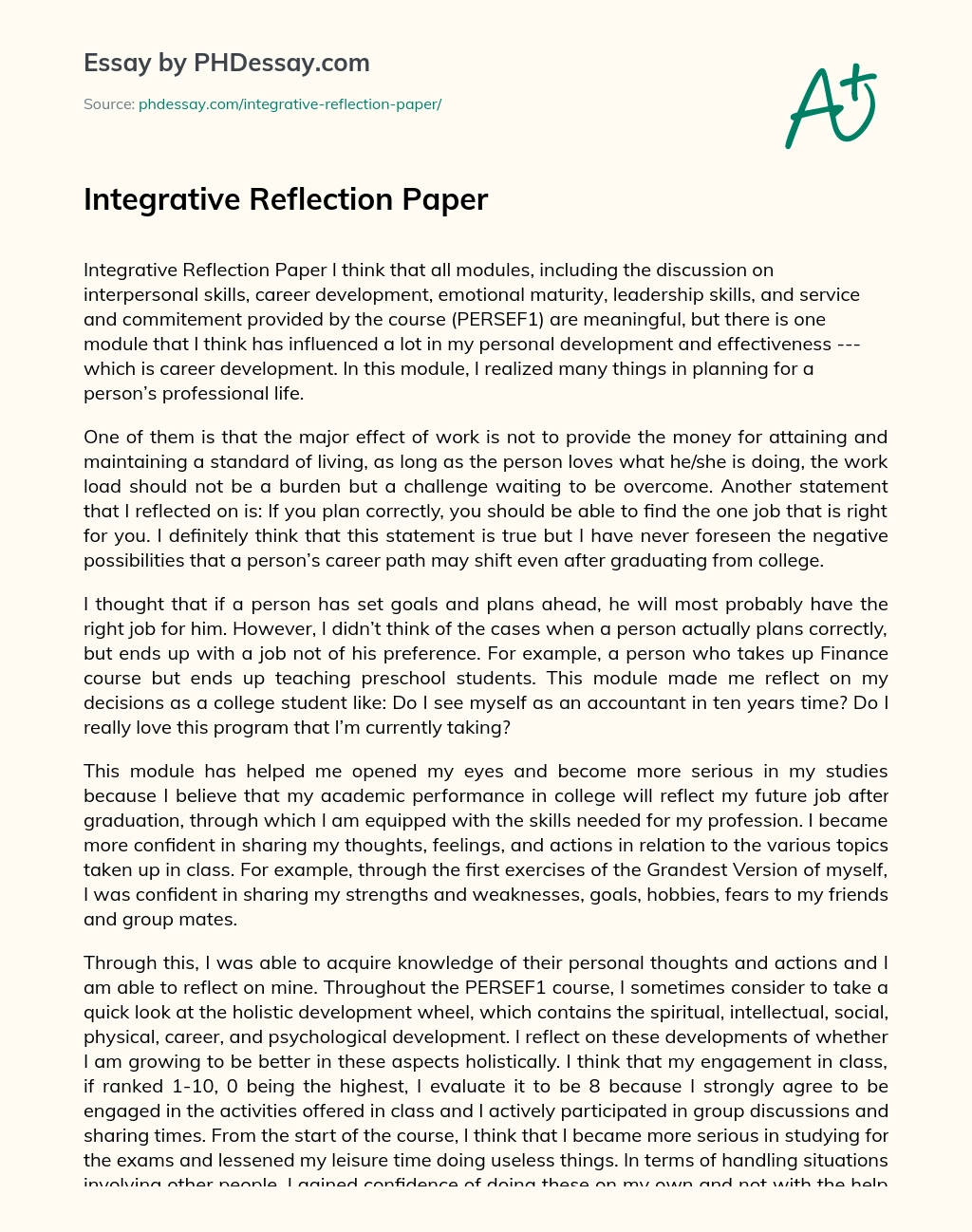 Integrative Reflection Paper Phdessay Com