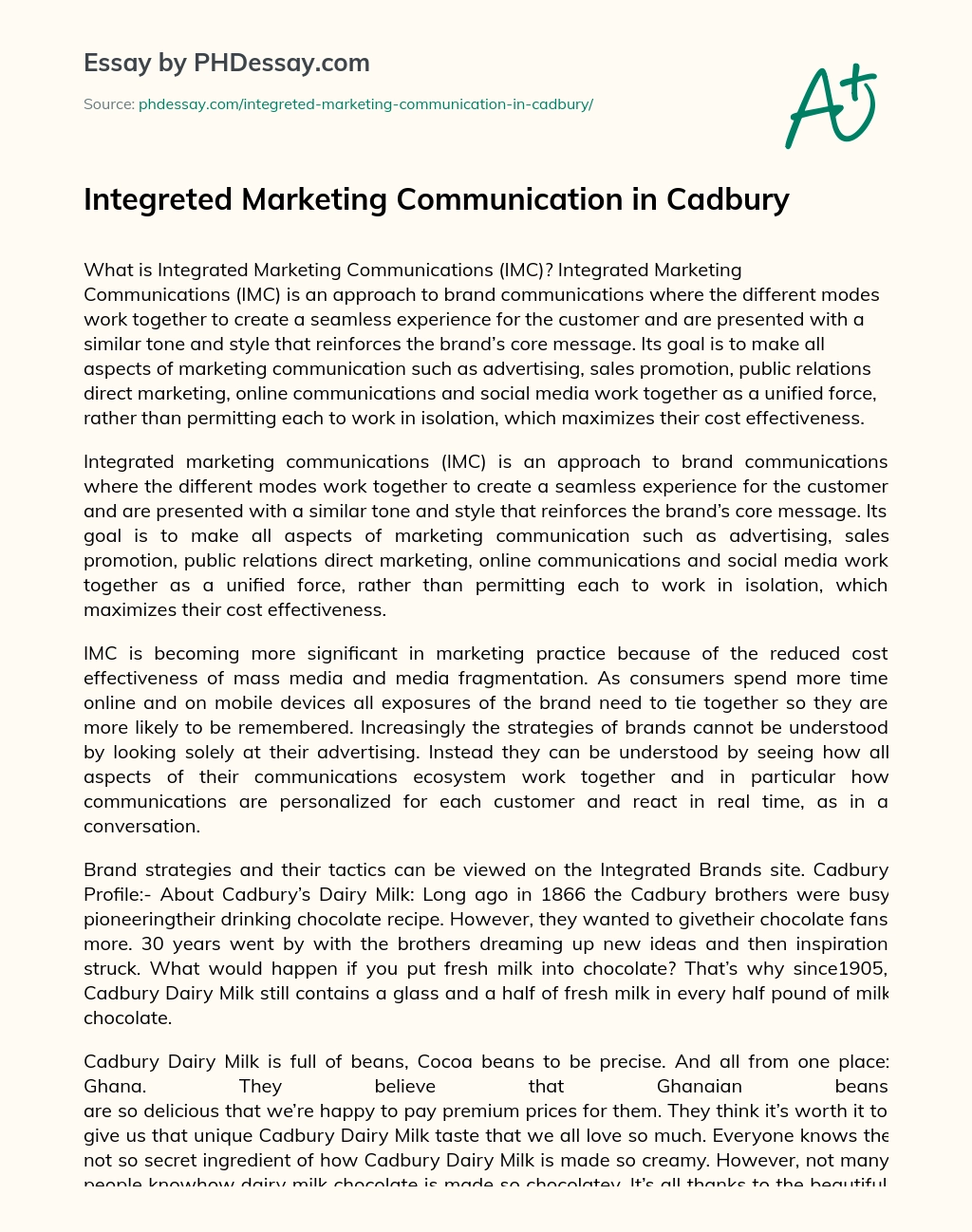 Integreted Marketing Communication in Cadbury essay