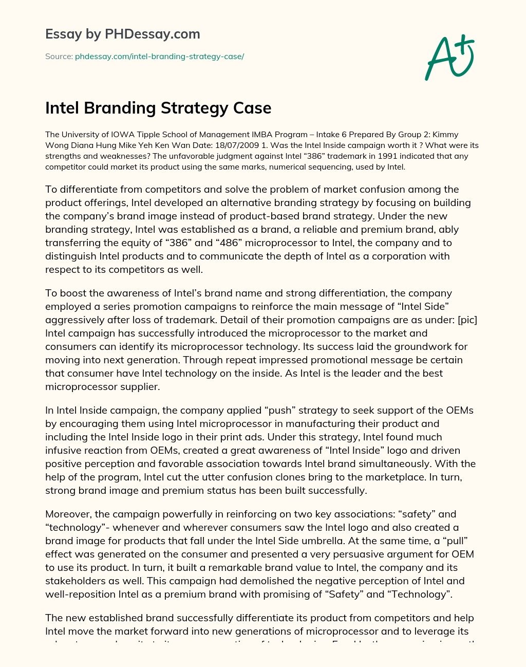 Intel Branding Strategy Case essay
