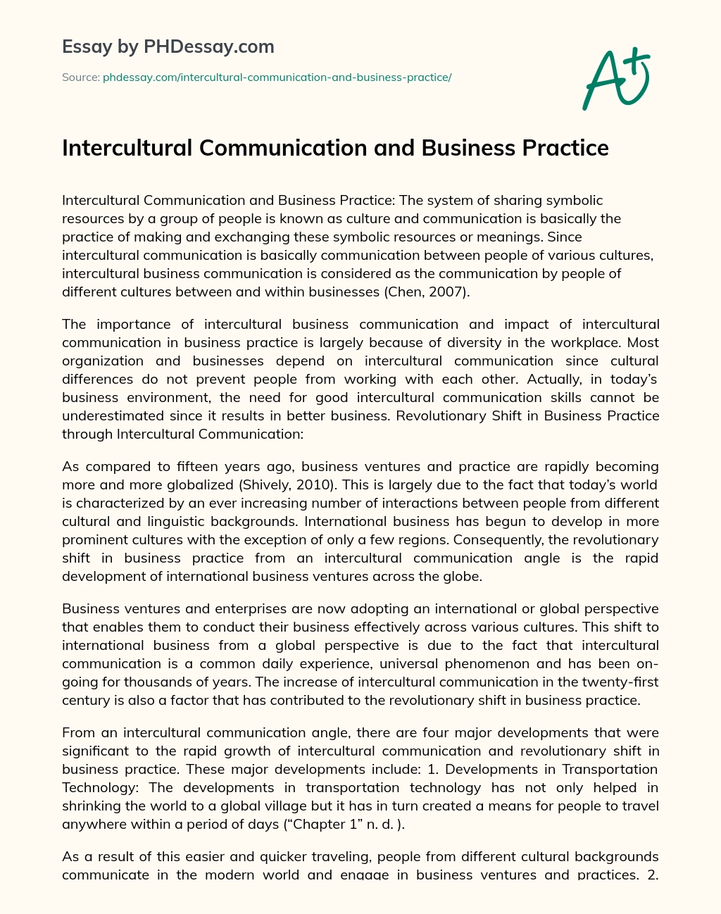 Intercultural Communication and Business Practice essay