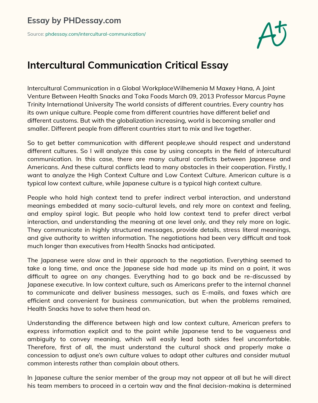 Intercultural Communication Critical Essay essay