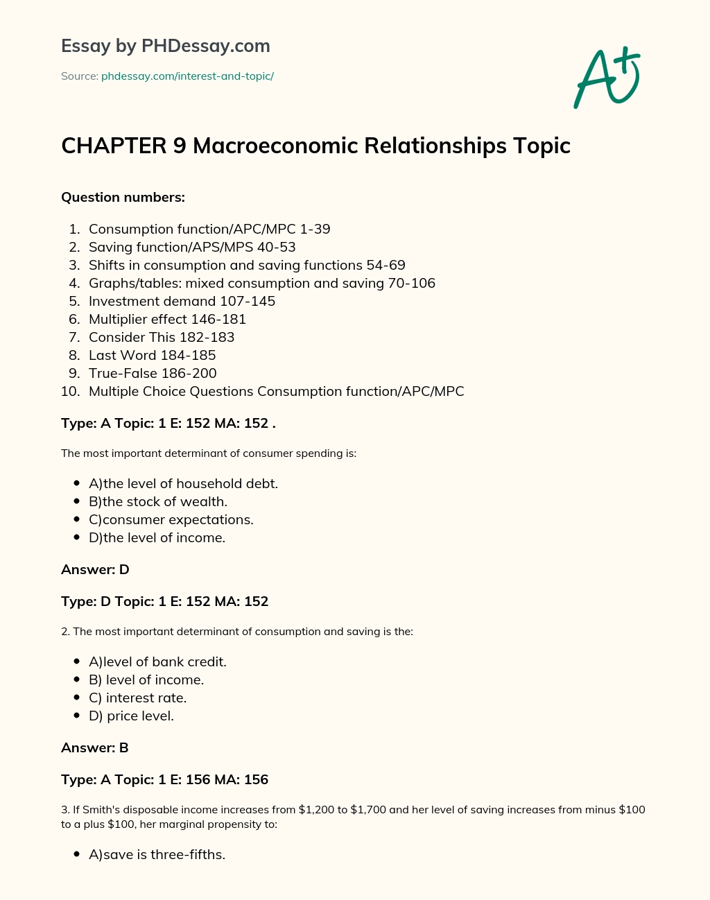 CHAPTER 9 Macroeconomic Relationships Topic essay