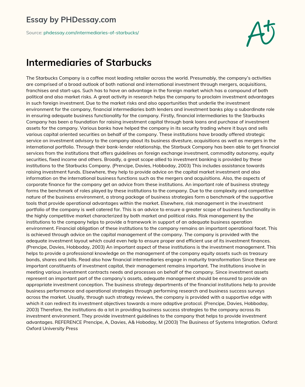 Intermediaries of Starbucks essay