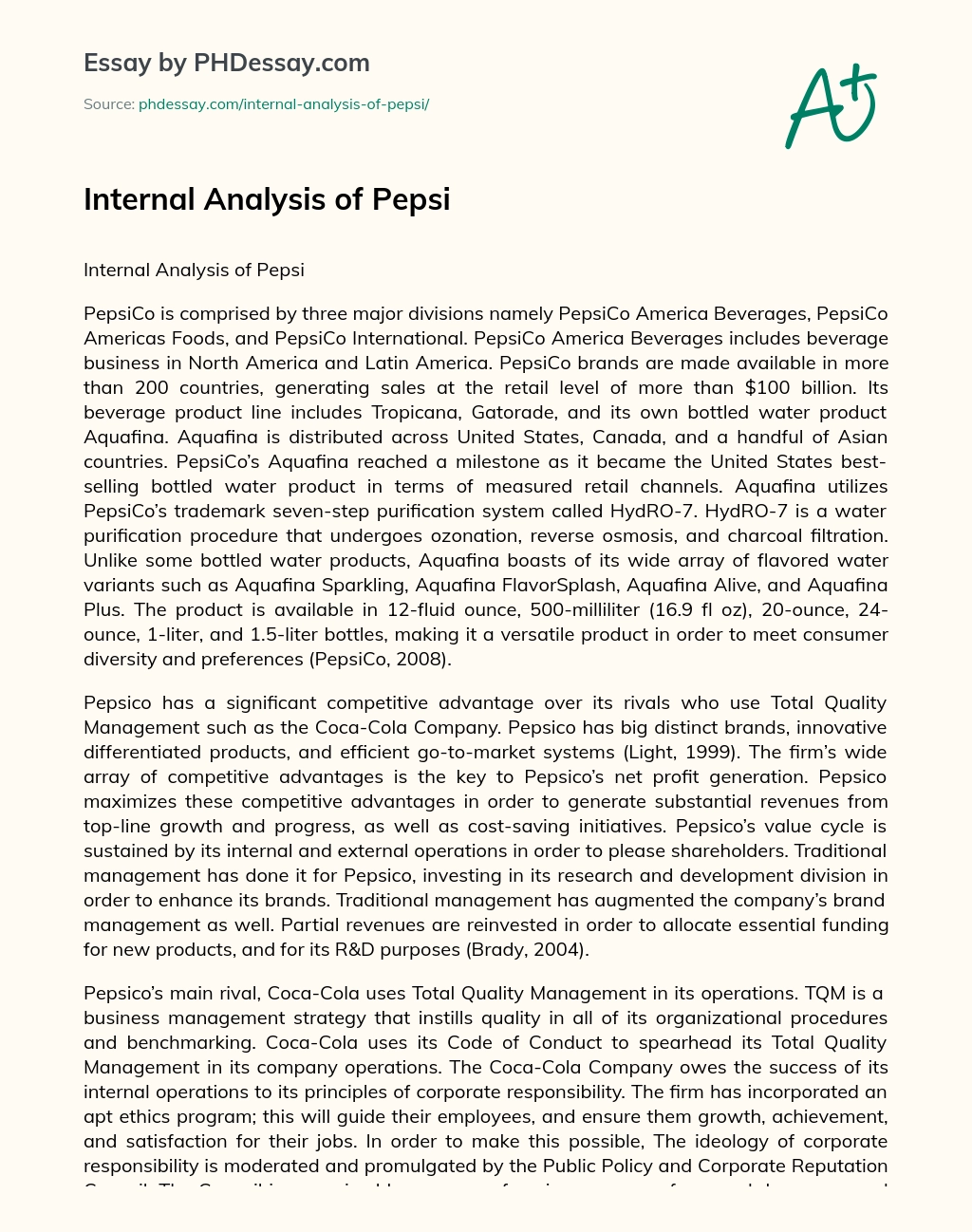 Internal Analysis of Pepsi essay