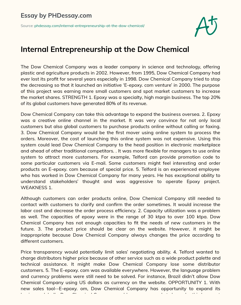 Internal Entrepreneurship at the Dow Chemical essay
