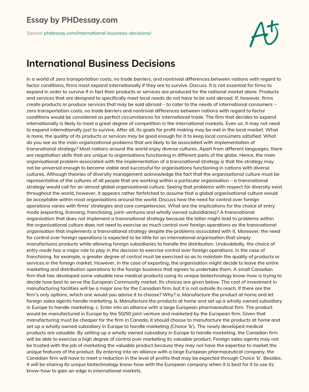 International Business Decisions essay