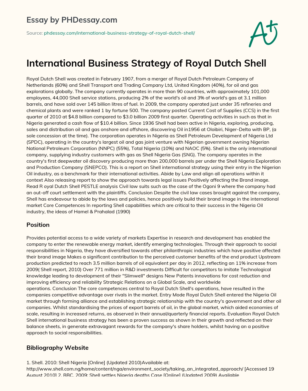International Business Strategy of Royal Dutch Shell essay