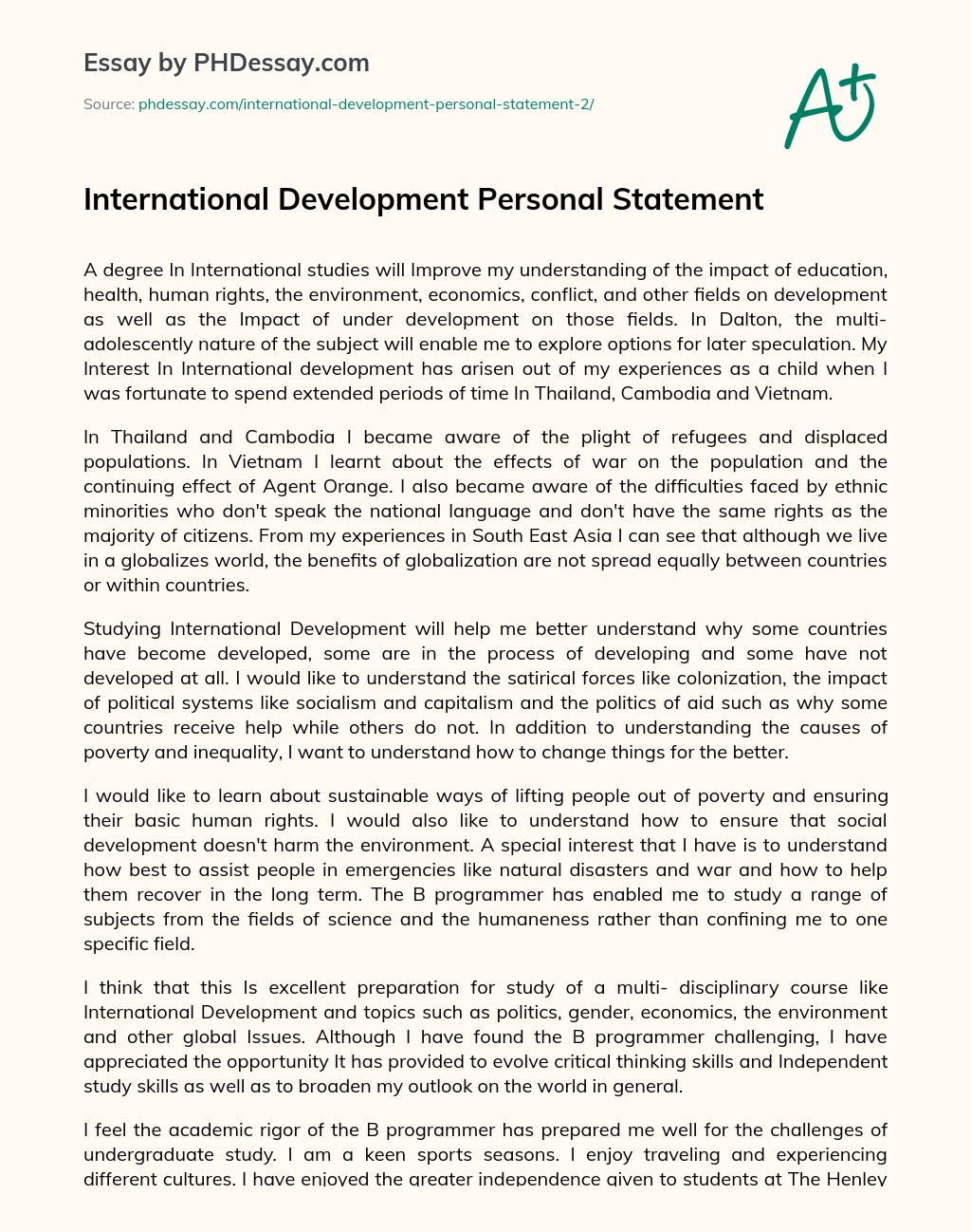 International Development Personal Statement essay