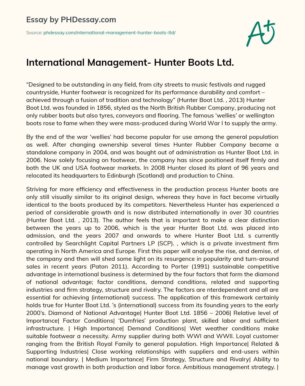 International Management- Hunter Boots Ltd. essay