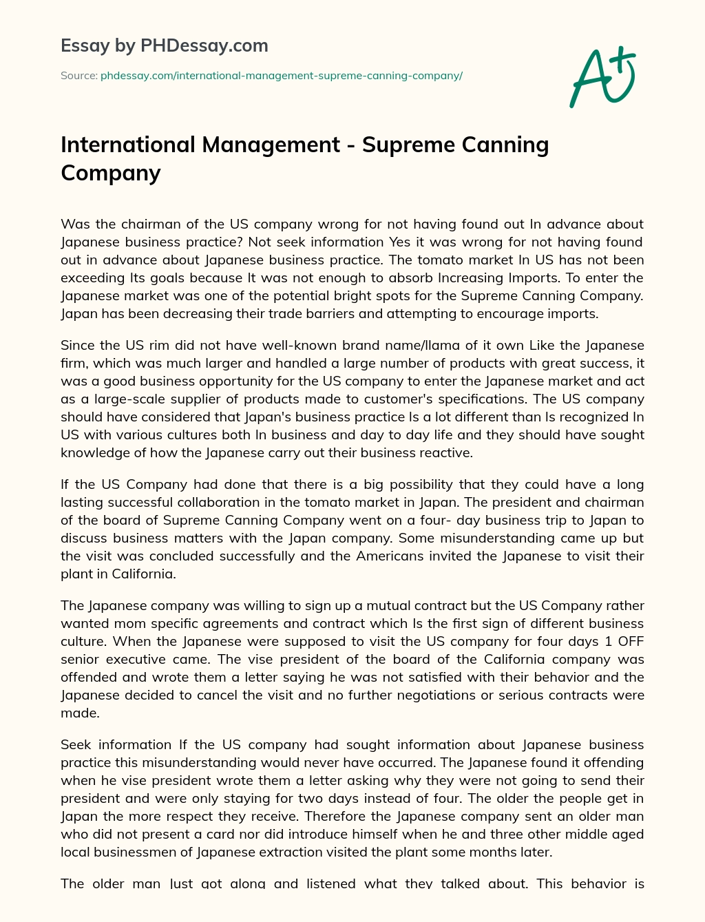 International Management – Supreme Canning Company essay