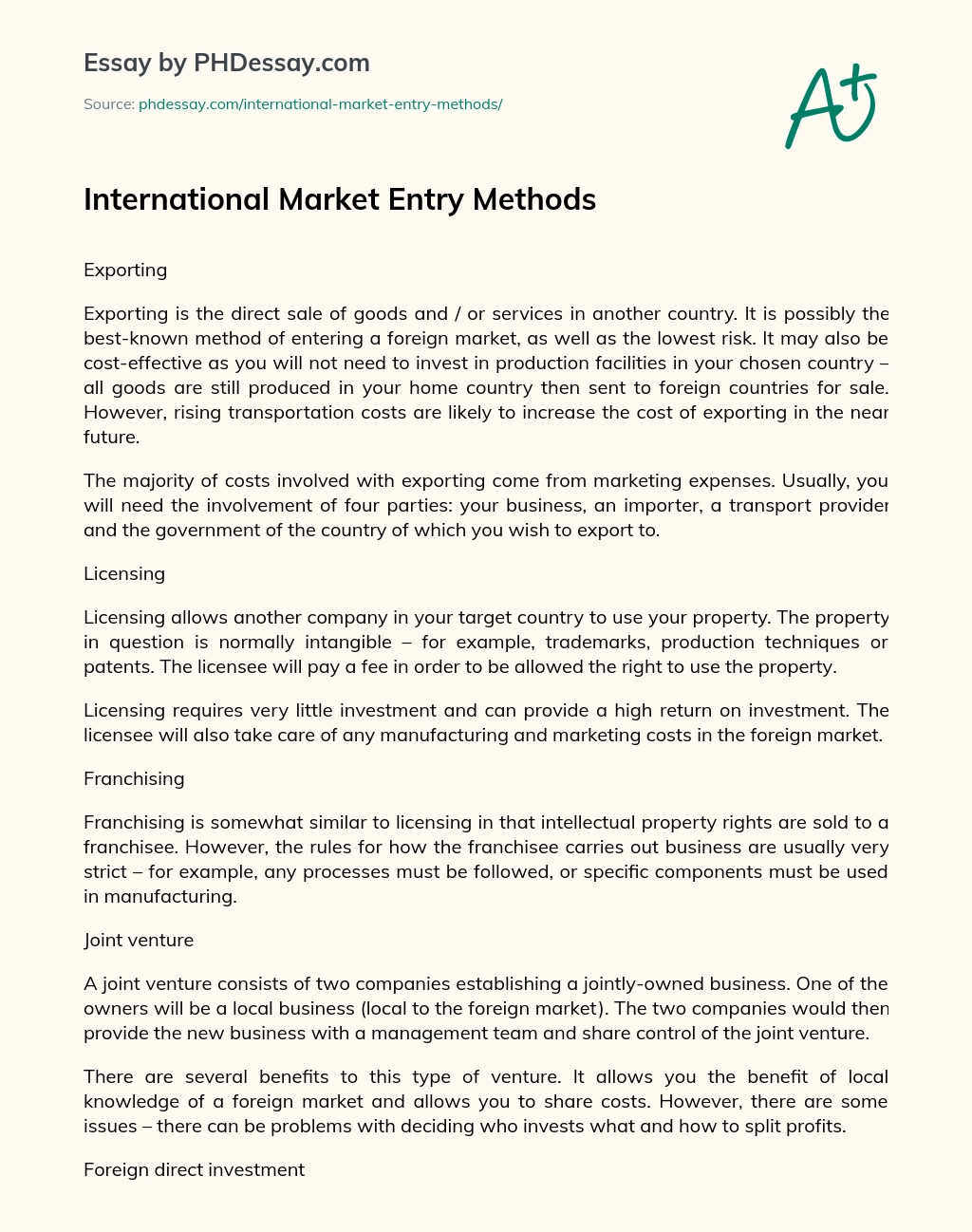 International Market Entry Methods essay