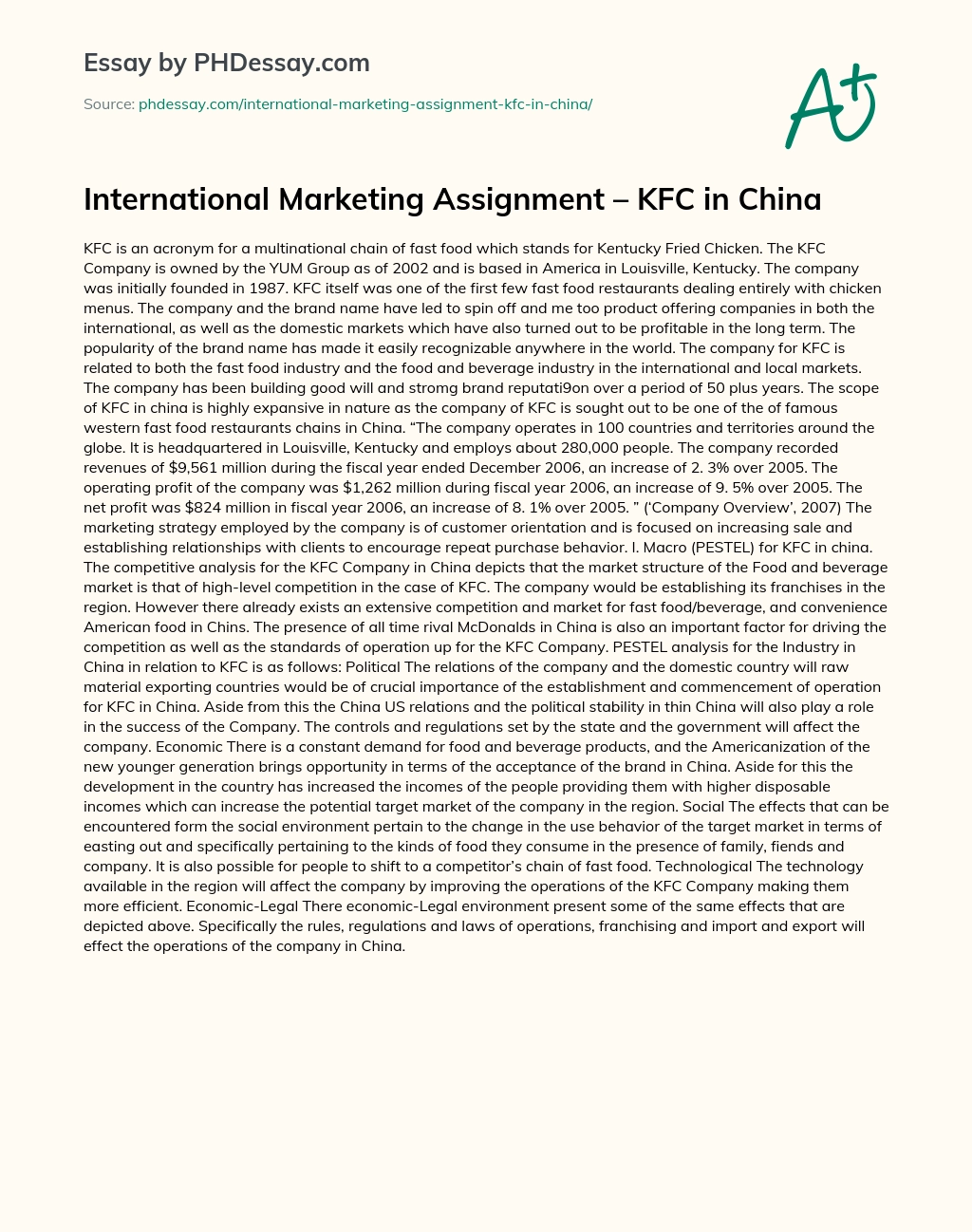 International Marketing Assignment – KFC in China essay