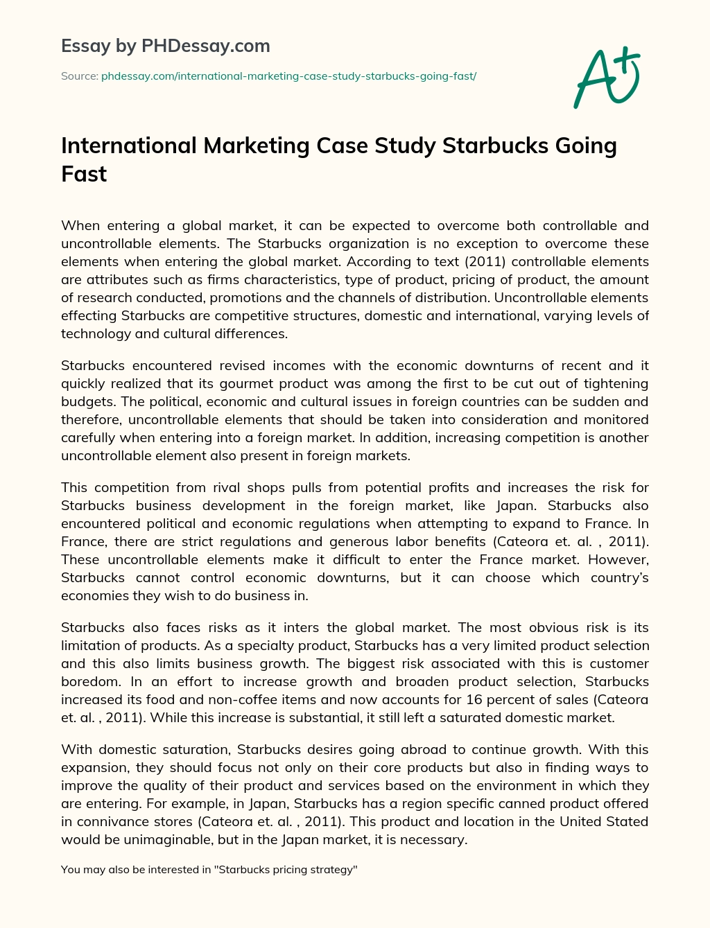 International Marketing Case Study Starbucks Going Fast essay
