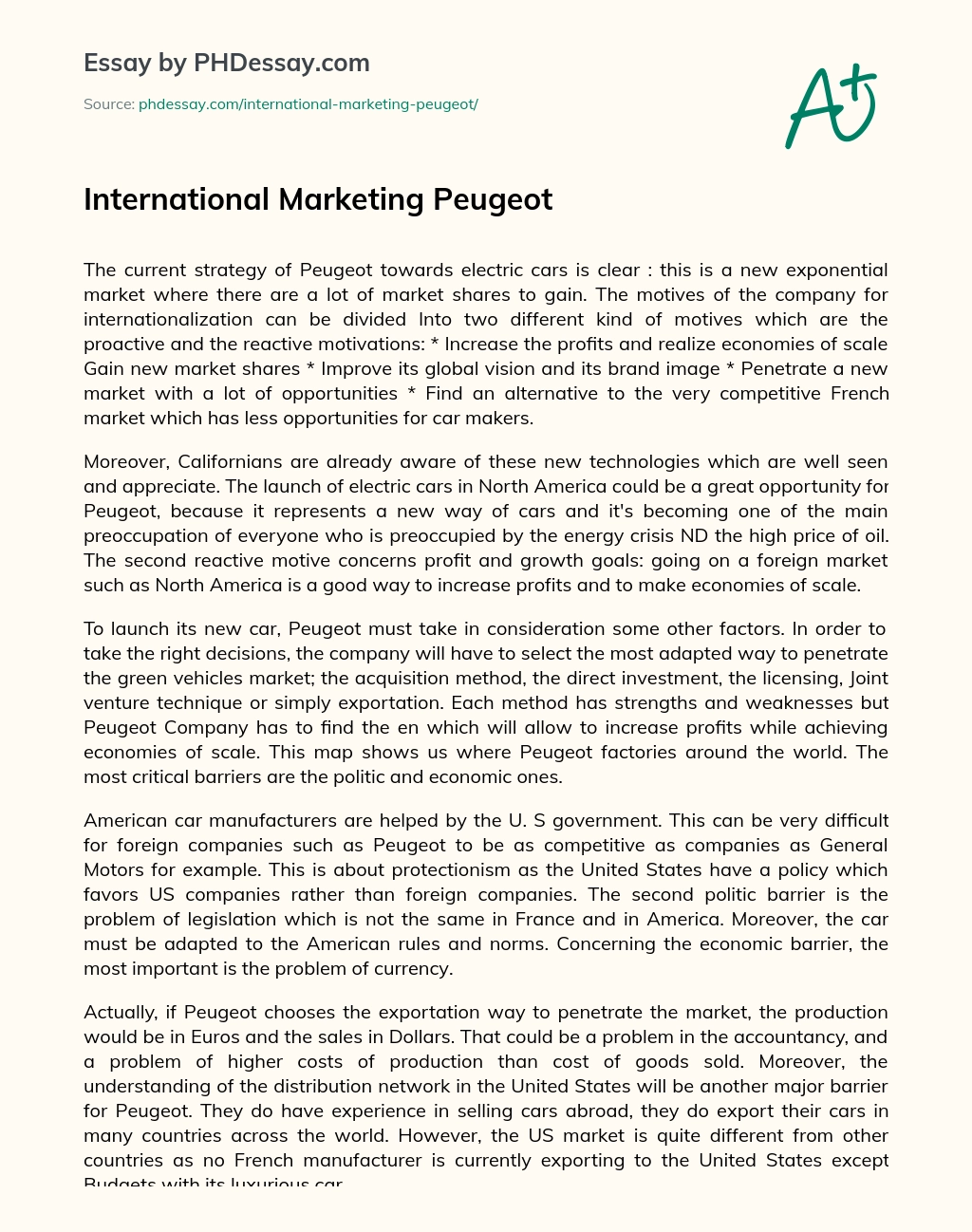 International Marketing Peugeot essay