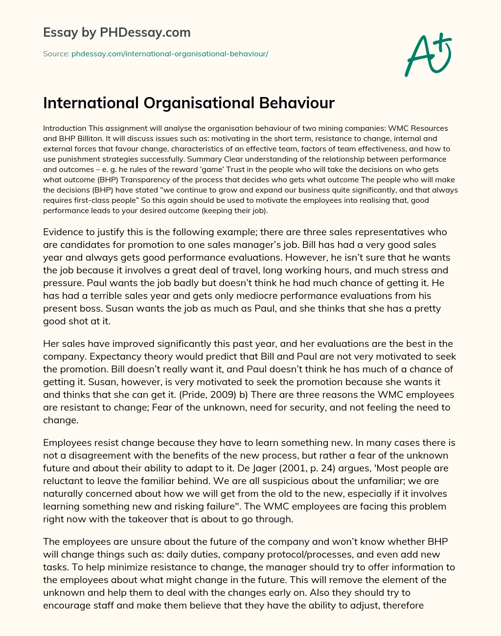 International Organisational Behaviour essay