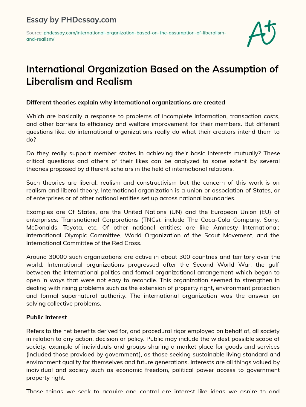 International Organization Based on the Assumption of Liberalism and Realism essay