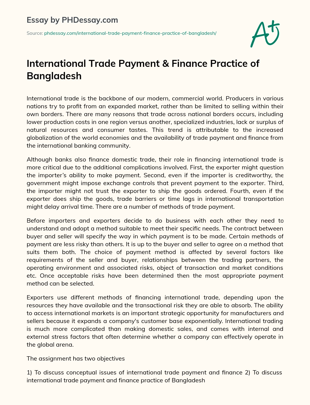 International Trade Payment & Finance Practice of Bangladesh essay
