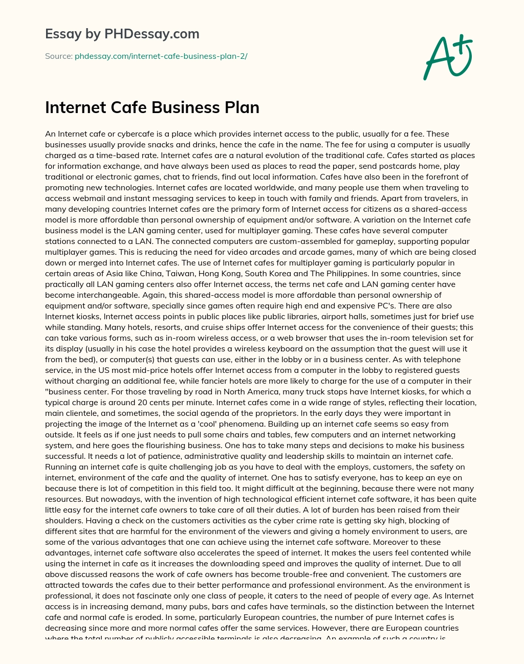 executive summary business plan internet cafe