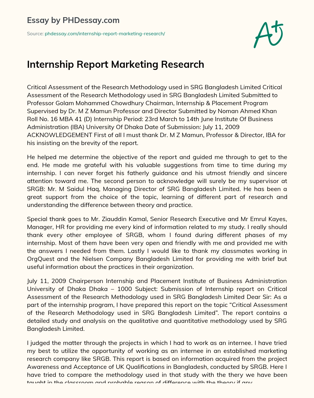 Internship Report Marketing Research essay
