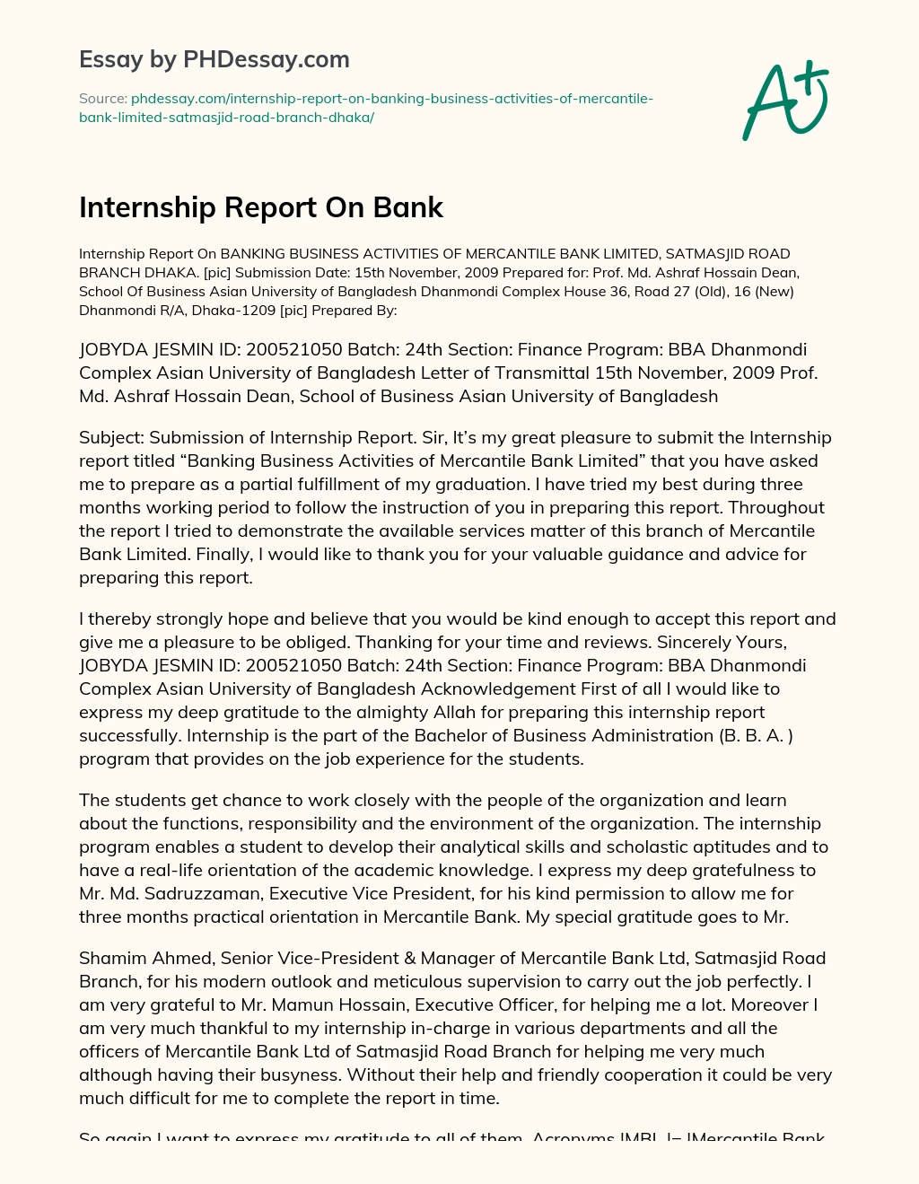Internship Report On Bank essay