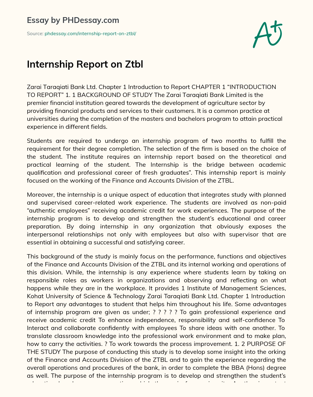 Internship Report on Ztbl essay